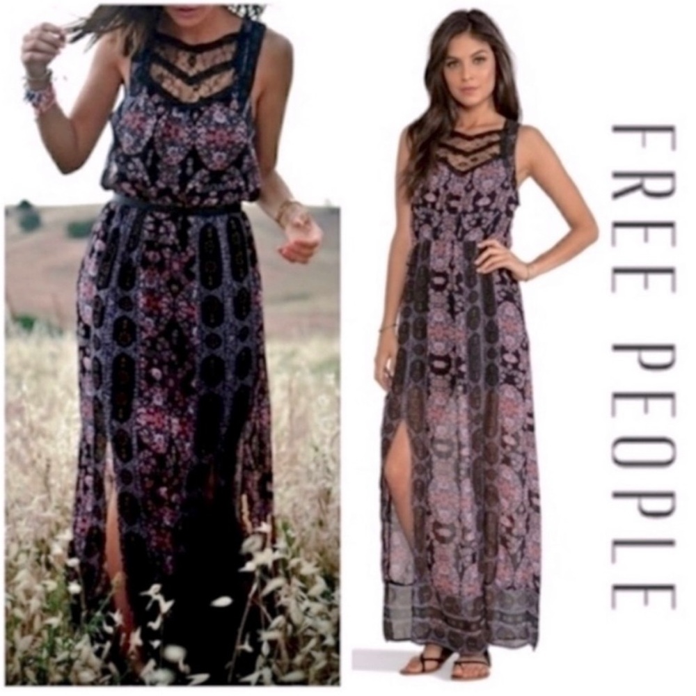 Free People Black and Purple Printed Maxi Dress